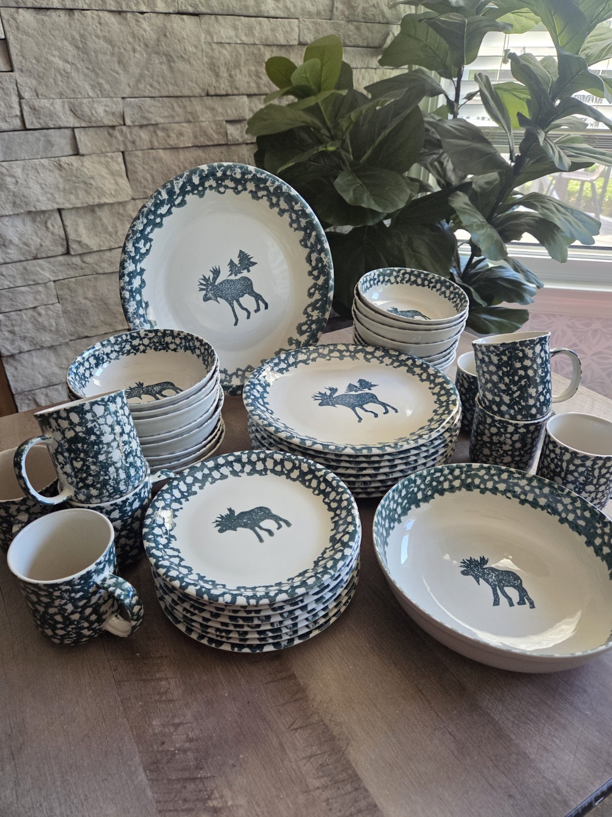 Tienshan Folk Craft Moose Country Green Sponge Dinnerware SET Lot Of 42 NEW Tienshan Folk Craft Moose Country Green Sponge Dinnerware SET Lot Of 42 NEW