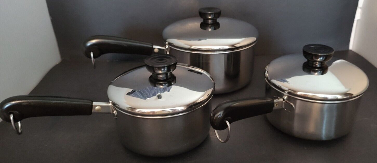 VTG Revere Ware 1801 Stainless Steel Lot Saucepans Clinton, Ill & Indonesia 