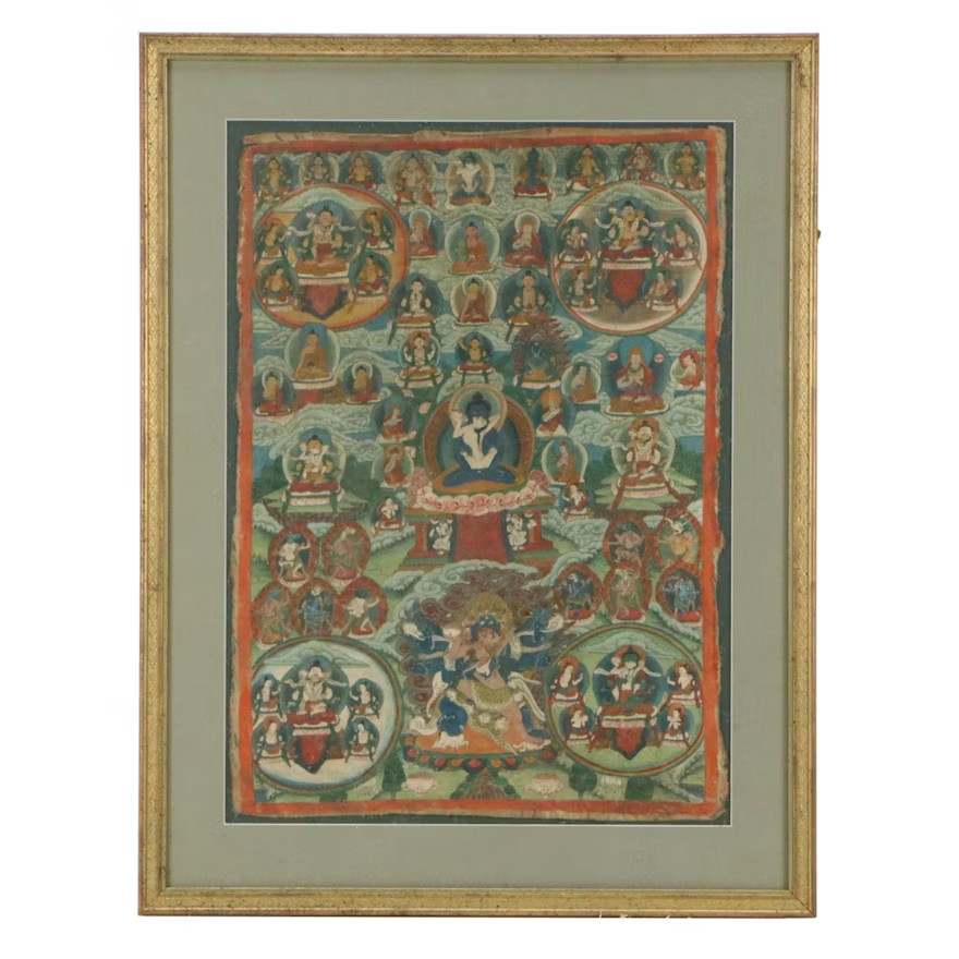 Antique Tibetan Thangka Samantabhadri Hand Painted Fabric Panel Framed