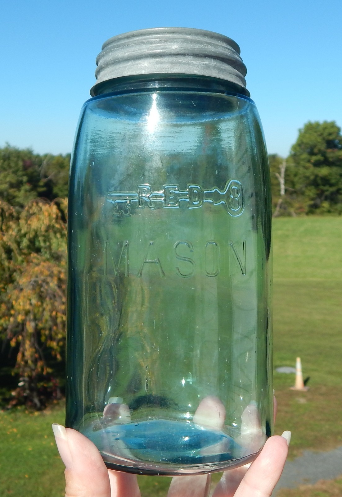 Vintage Antique Red Key Mason Quart Fruit Canning Jar Aqua Glass w/ Zinc Lid