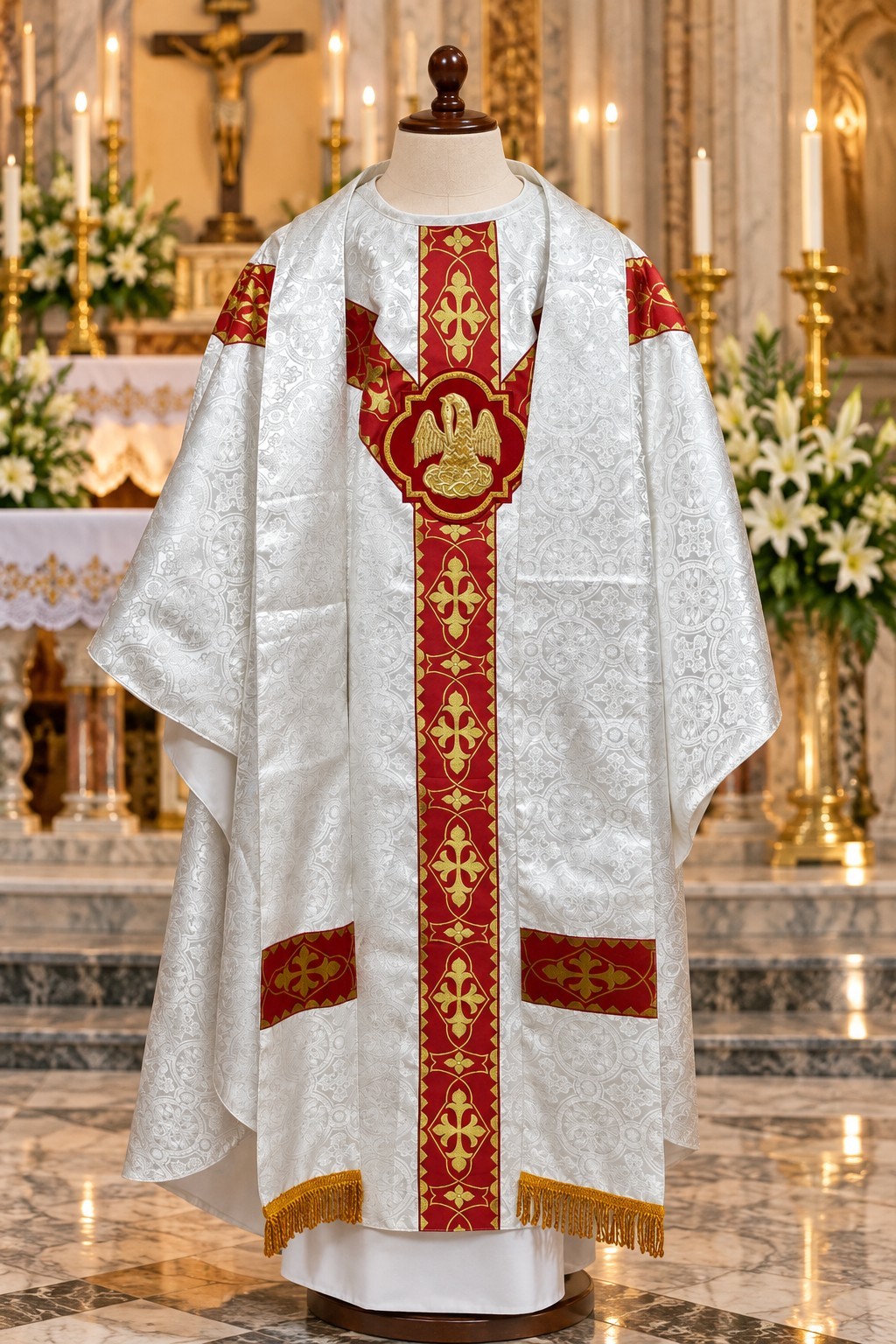 White Chasuble with Pelican Applique | Hand Embroidered Eucharistic Symbol