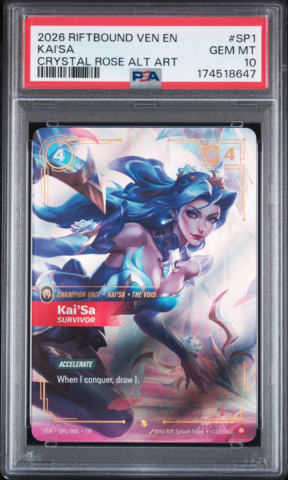 2026 RIFTBOUND:  VEN-VENDETTA #SP1 KAI\'SA - SURVIVOR CRYSTAL ROSE ALT ART PSA 10