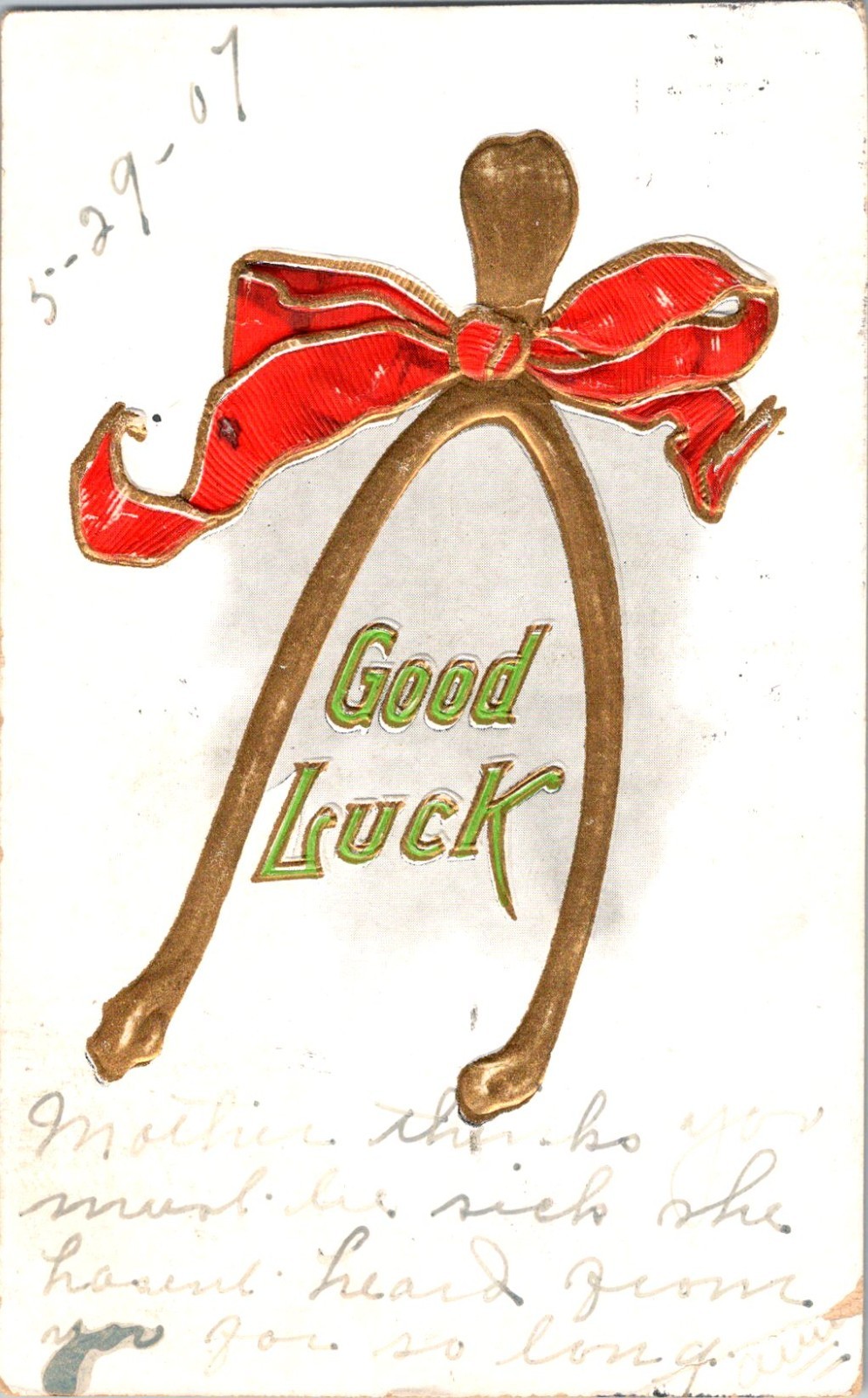 Good Luck Wishbone Embossed Greetings Postcard Posted 1907 Tucson Arizona