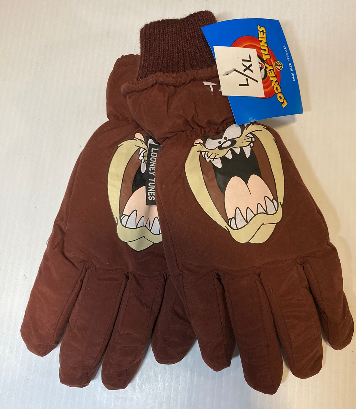 1998 Taz Face Looney Tunes Winter Gloves Nylon L/XL Brown Berkshire Fashions Vtg
