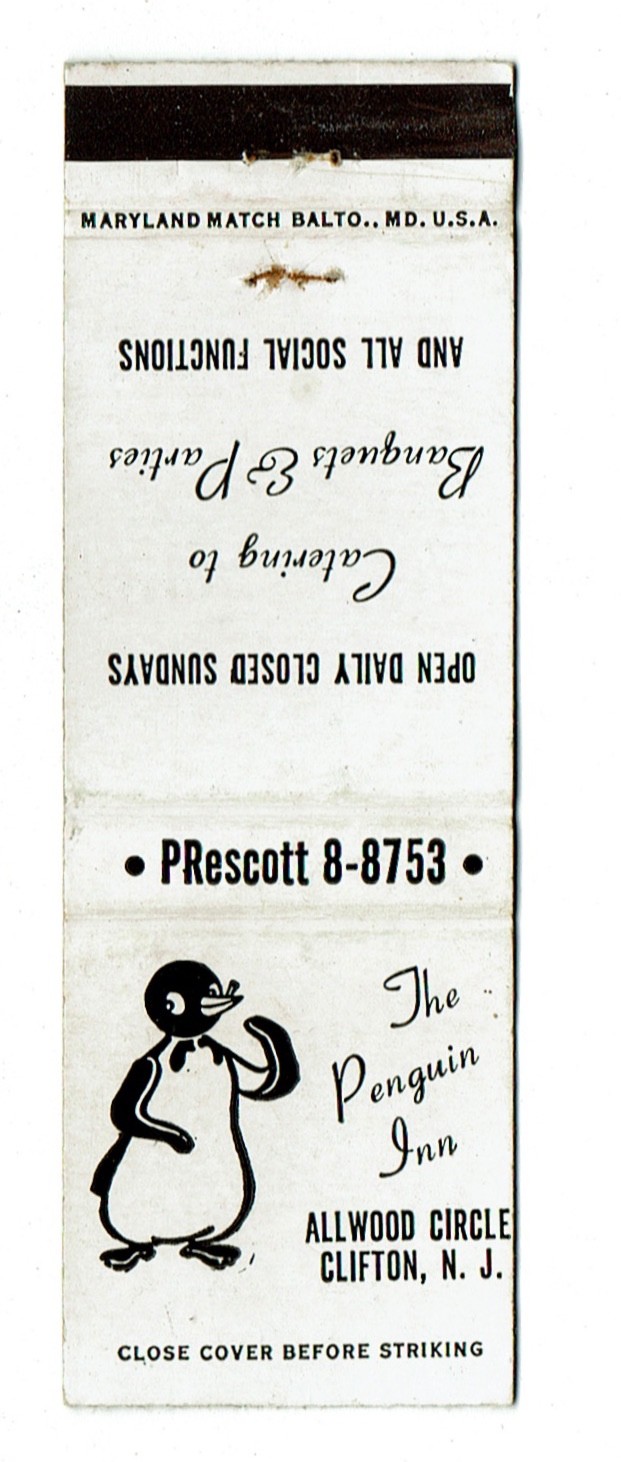 Clifton New Jersey The Penguin Inn Vintage Matchbook Cover