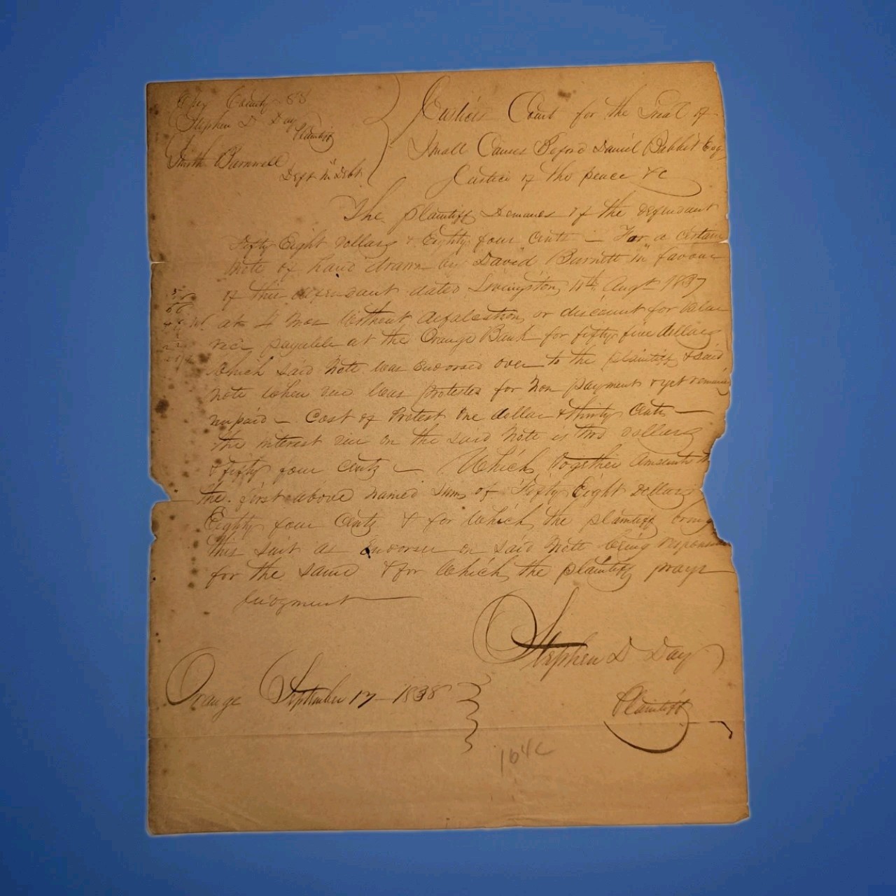 1838 NJ Stephen D. Day Orange Bank Lawsuit Essex County Promissory Note