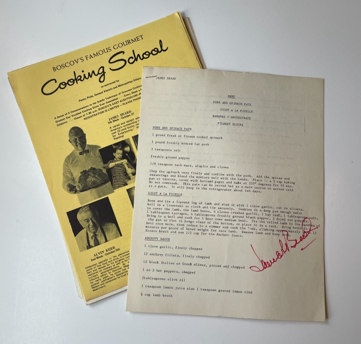 Chef James Beard Signed Menu/Recipes-Boscov's Cooking School 1972, Jacques Pepin