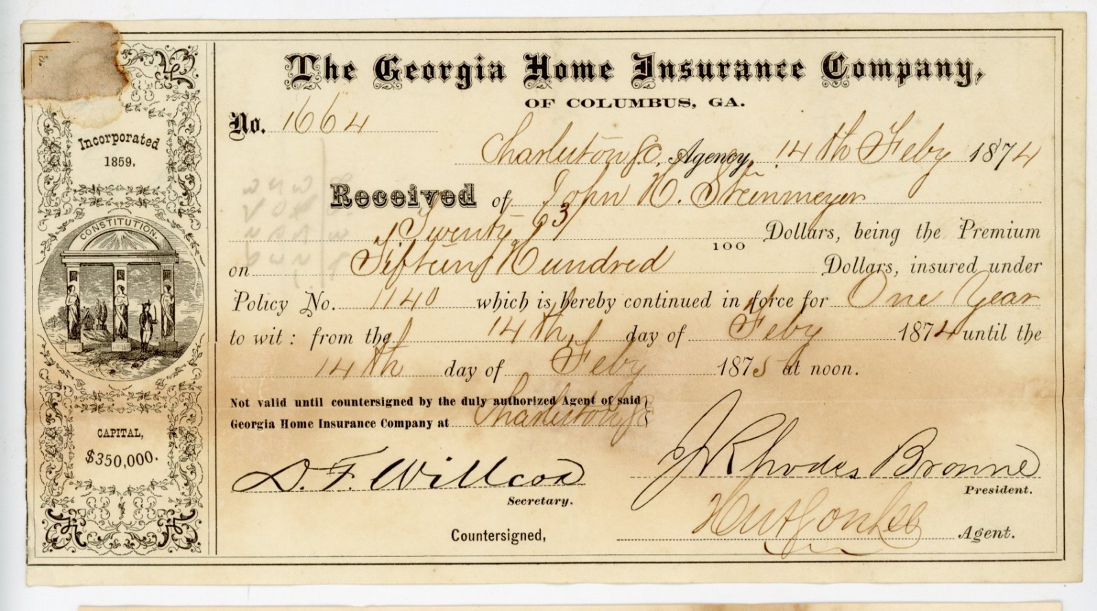 1874 Georgia Home Insurance Co Document Charleston SC Ephemera Signatures Vignet