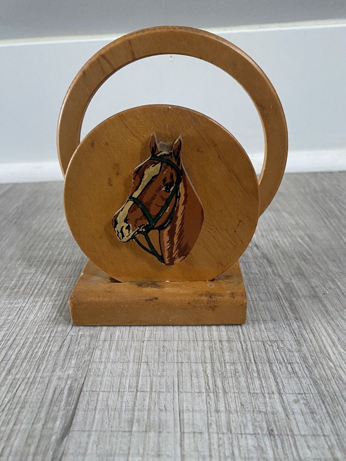 Napkin Holder, Vintage Primitive Folk Art, Horse Motif, Wood Handmade