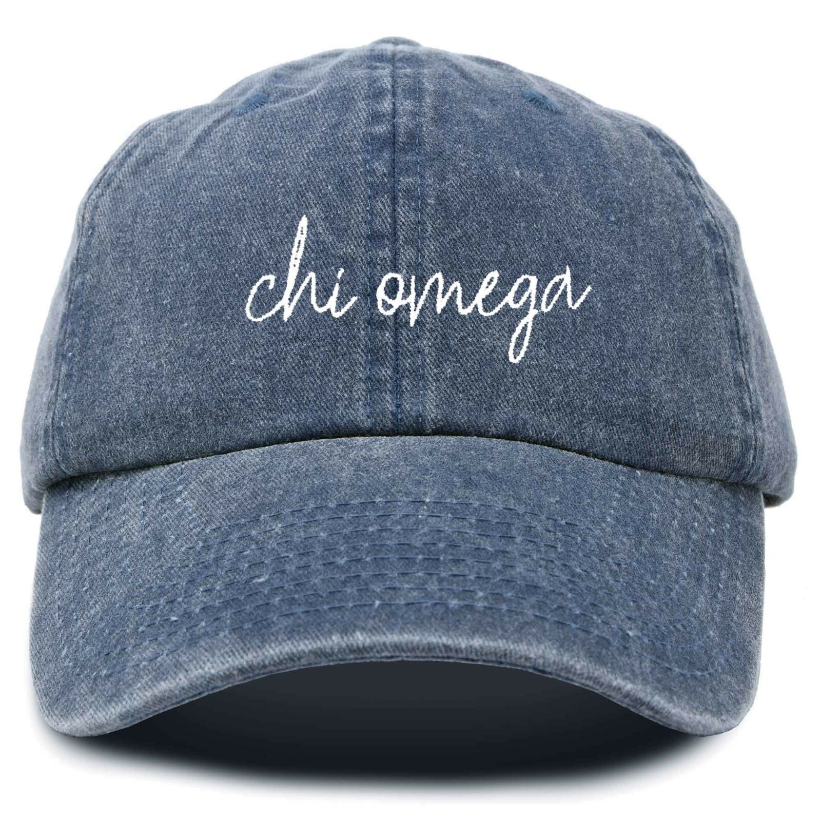 Chi Omega Cursive Sorority Hat Womens Embroidered Baseball Cap Washed Navy Blue