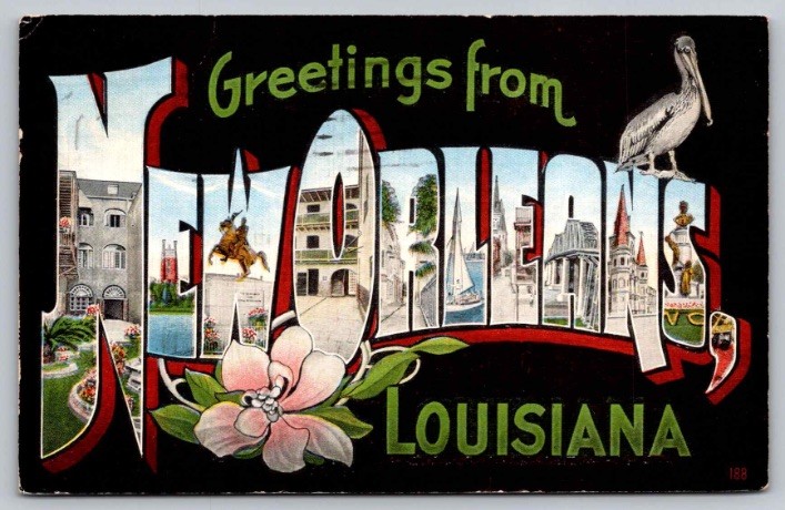 c1948 Greetings From New Orleans Louisiana LA Large Letter Linen Postcard