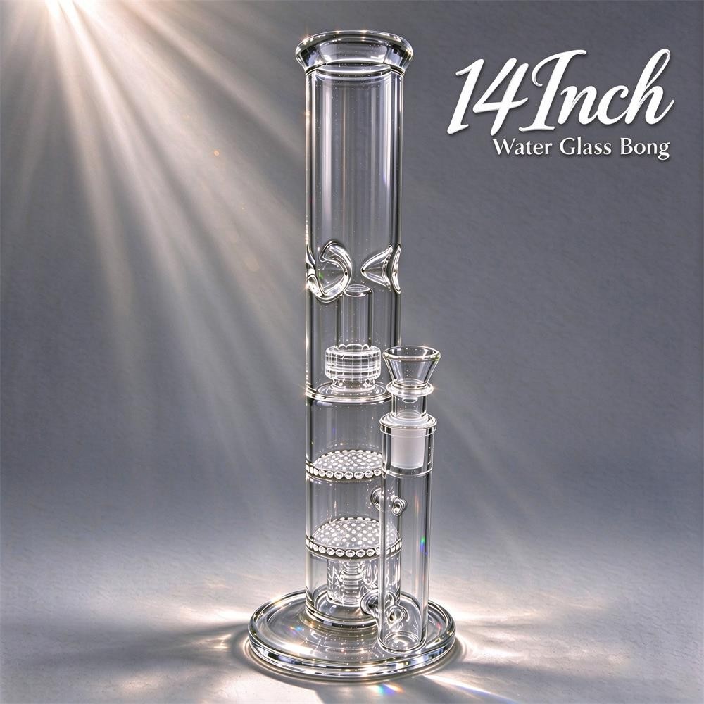 14 inch Glass Water Pipe Bong 4 Percolators - 2 Honeycomb Percs + 2 Matrix Perc-