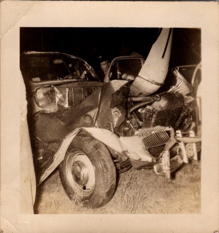 Vtg 1940s-50s Real Photo Car Crash Accident Damaged Vehicle Night Scene