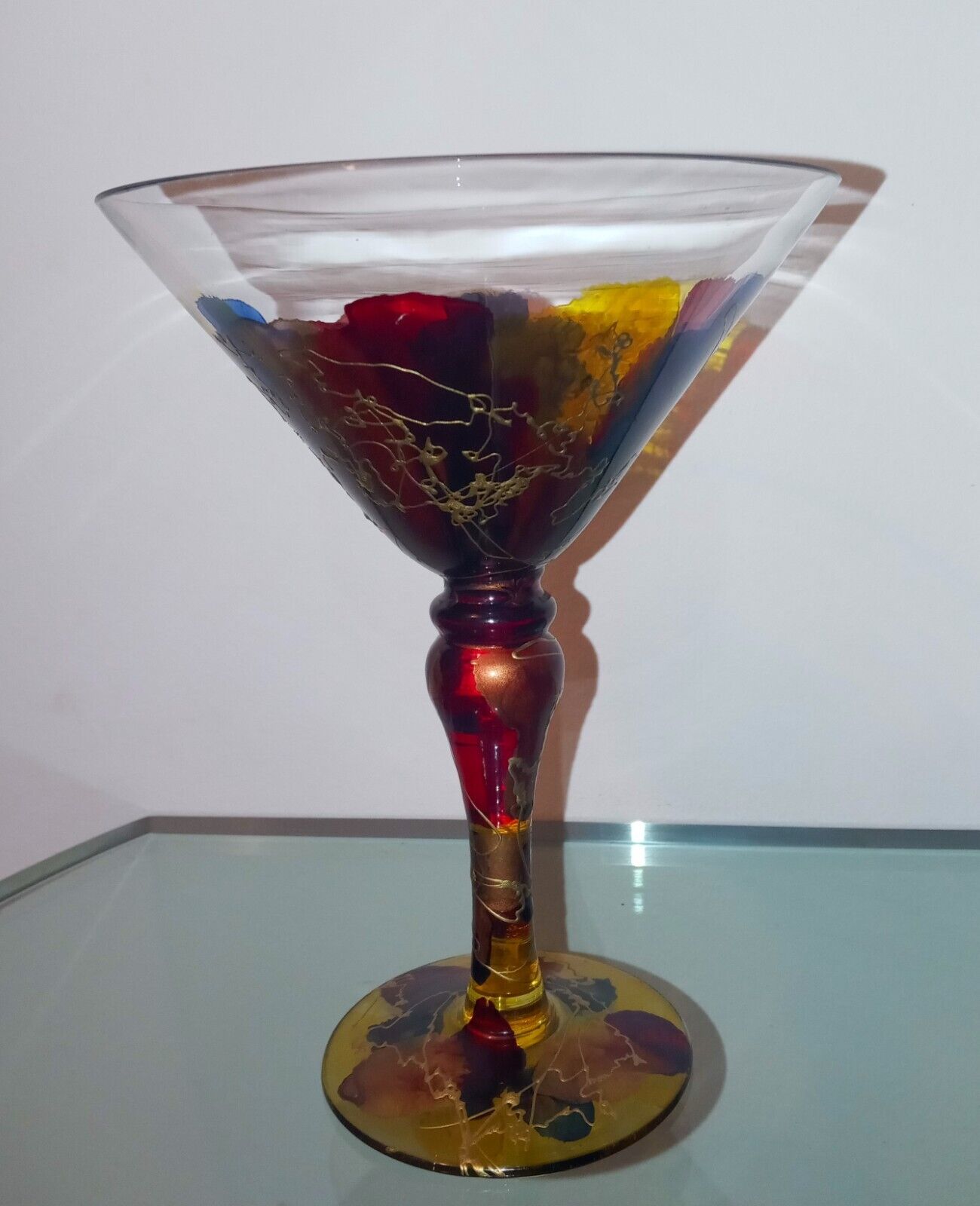 Vintage Martini Glass Romanian Hand Painted Multi-Color with Gold Accents