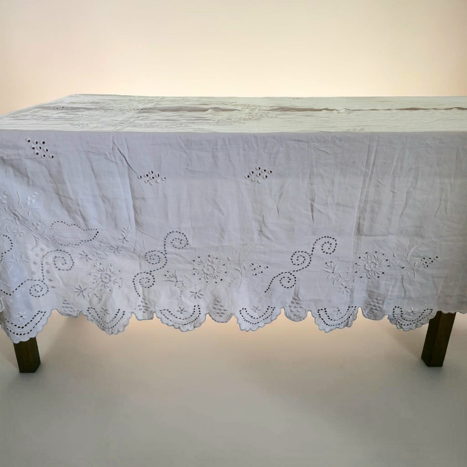 Antique Ivory White Linen Battenburg Cutwork Embroidered Tablecloth Fabric 