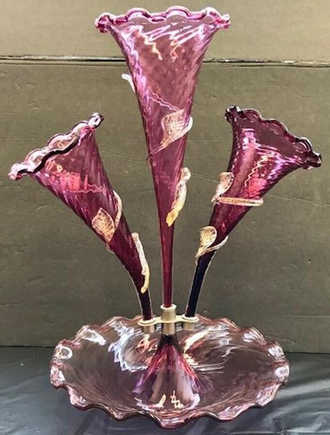 Fabulous Antique Victorian Cranberry Swirl Art Glass 3 Horn Epergne w/ Gold Dust