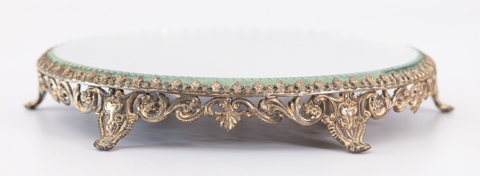Antique French Gilt Ormolu Round Mirror Plateau Tray, circa 1920
