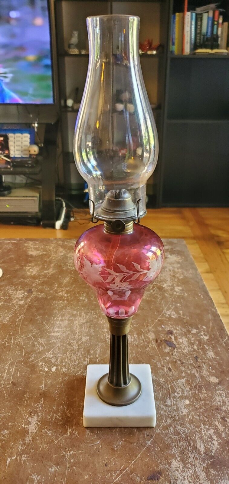 Antique Cranberry Etched Oil Lamp On Marble Base