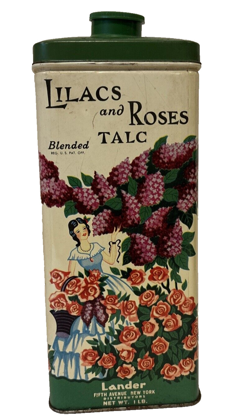 Vintage Lander Fifth Avenue Lilacs and Roses Blended Talc Powder Tin Contents