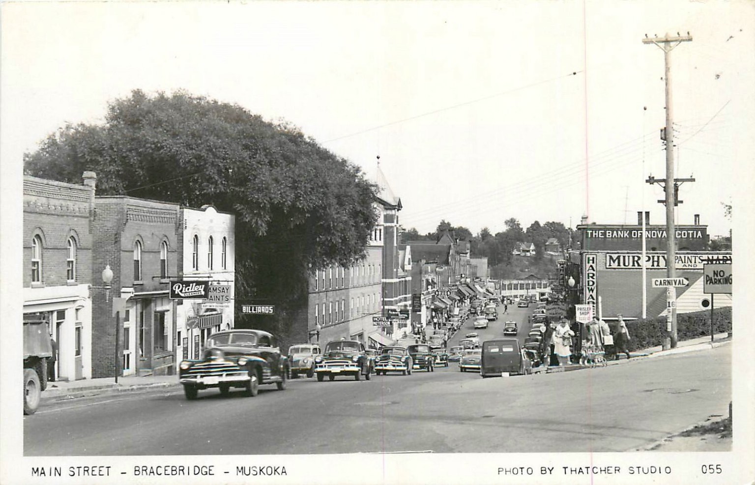 Bracebridge Main Street Muskoka Ontario RPPC Thatcher Studio 1940s 1950s Cars