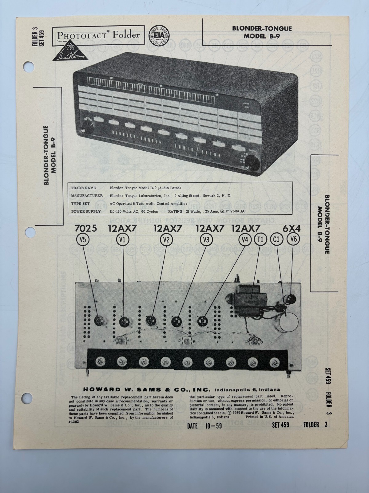 Original Sams Photofact Manual BLONDER-TONGUE B-9 Audio Baton W Schematic