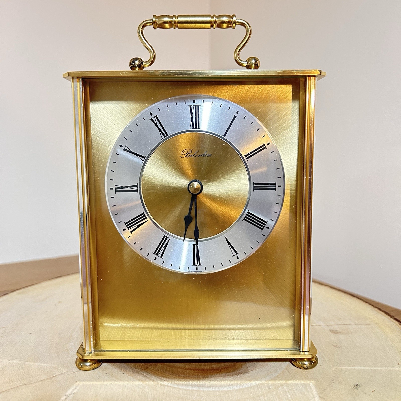 Vintage Belvedere Brass Gold Carriage Mantel Clock West Germany Quartz Roman Num
