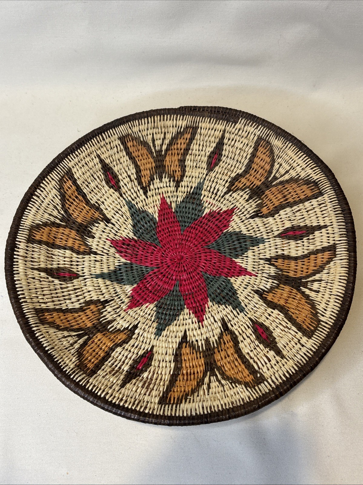 Wounaan Embera Tribe Panamanian Coil Basket Tribal Art Flowers Butterflies 10”
