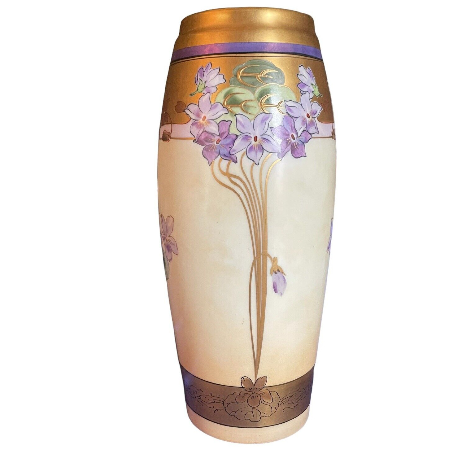 1910-1912 Art Nouveau Pickard Vase Violets Supreme Gold Purple 8.5” Signed Fish