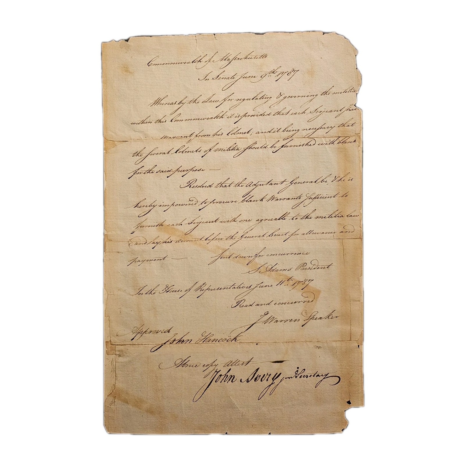 1787 Massachusetts Militia Resolve, John Avery Sec For Samuel Adams John Hancock