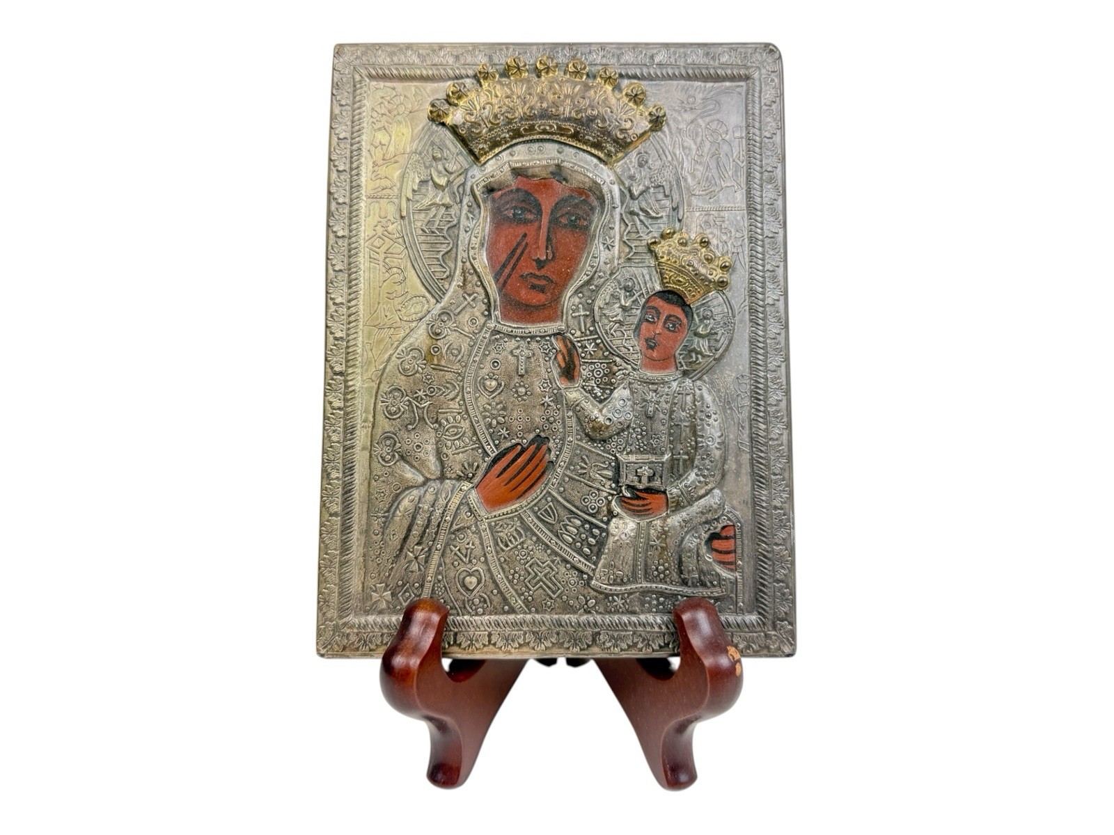 Vtg Pewter Black Madonna of Czestochowa Embossed Icon Plaque 6\