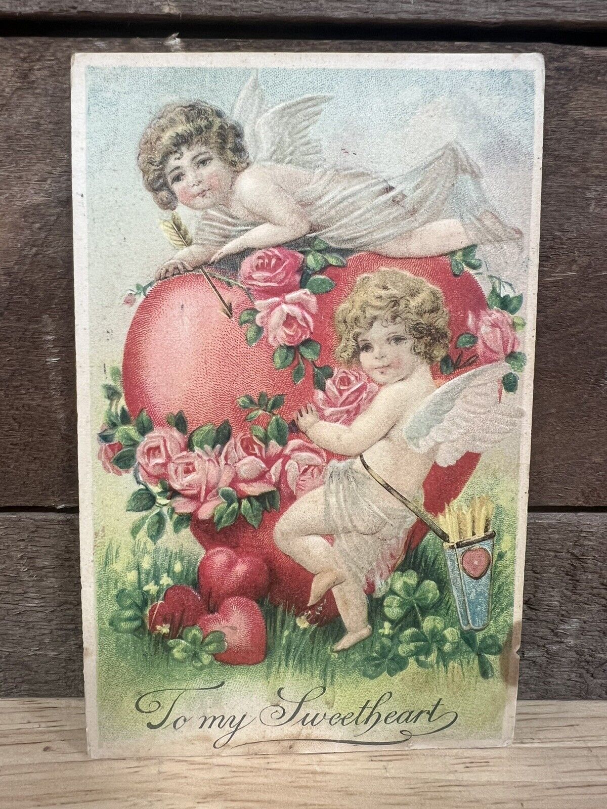 Antique 1908 Valentines Day Post Card Embossed “2 Cherubs With Pink Heart” 