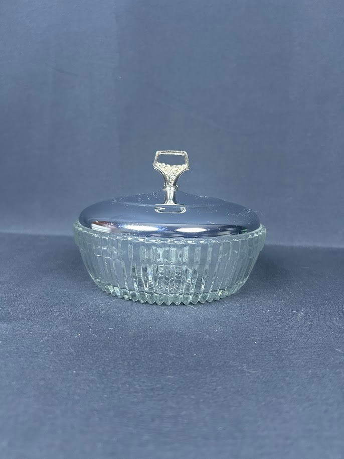 Vintage Mid-Century Kromex Vertical Ribbed Glass Covered Candy Dish