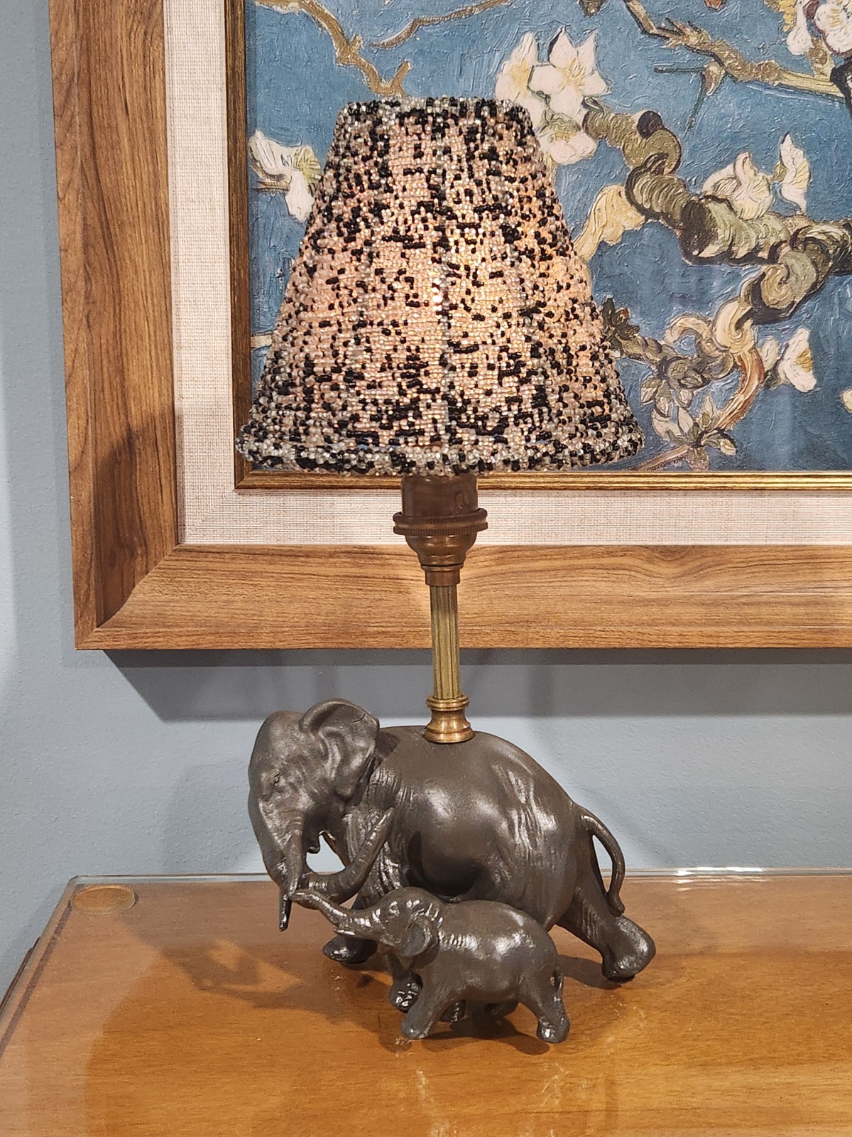 Cast Elephant Lamp Vintage Glass Beaded Shade 
