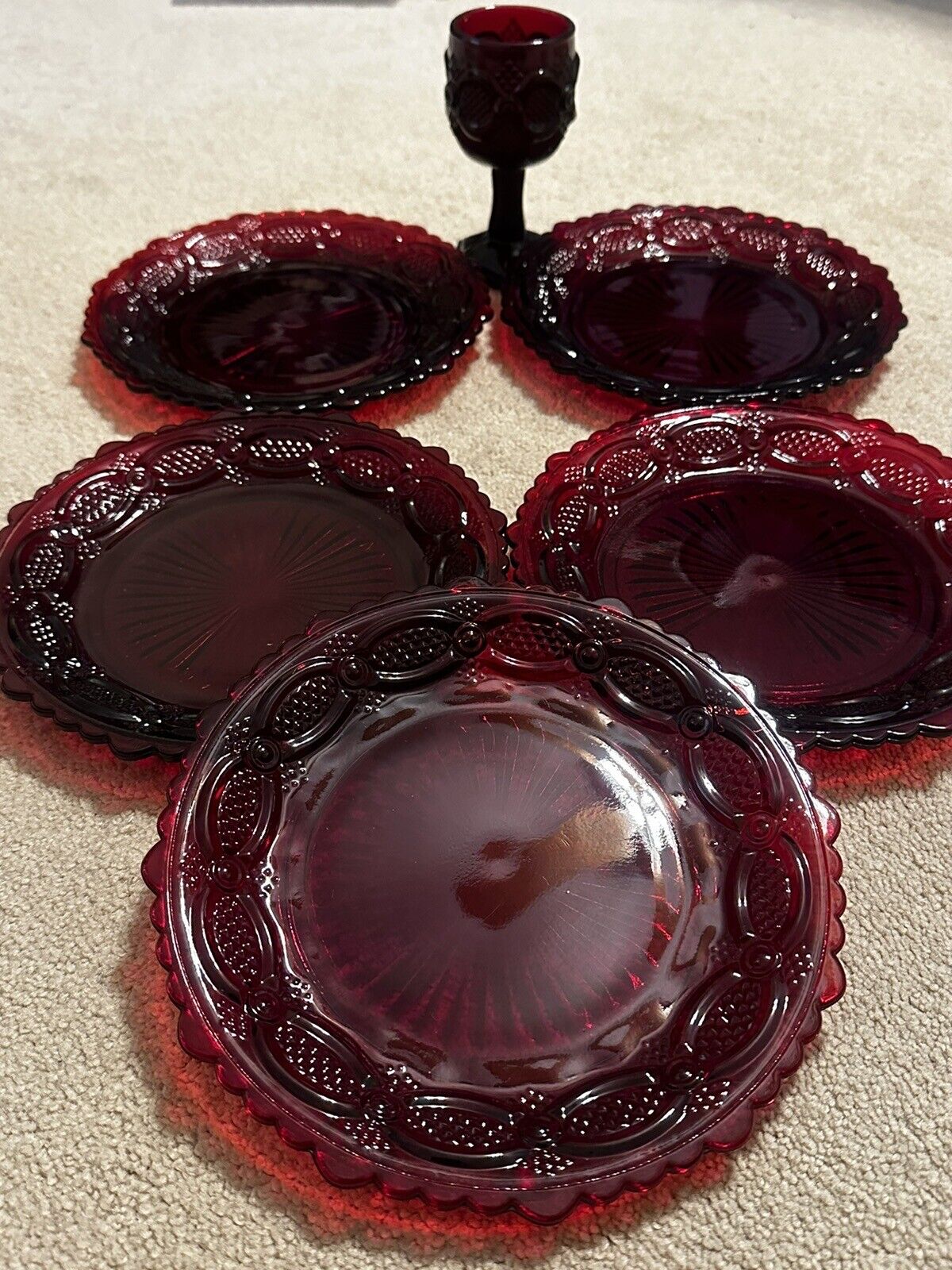 Set Of 5 Avon Cape Cod Ruby Red Dessert/ Salad Plates  7” and 4 1/2” Goblet