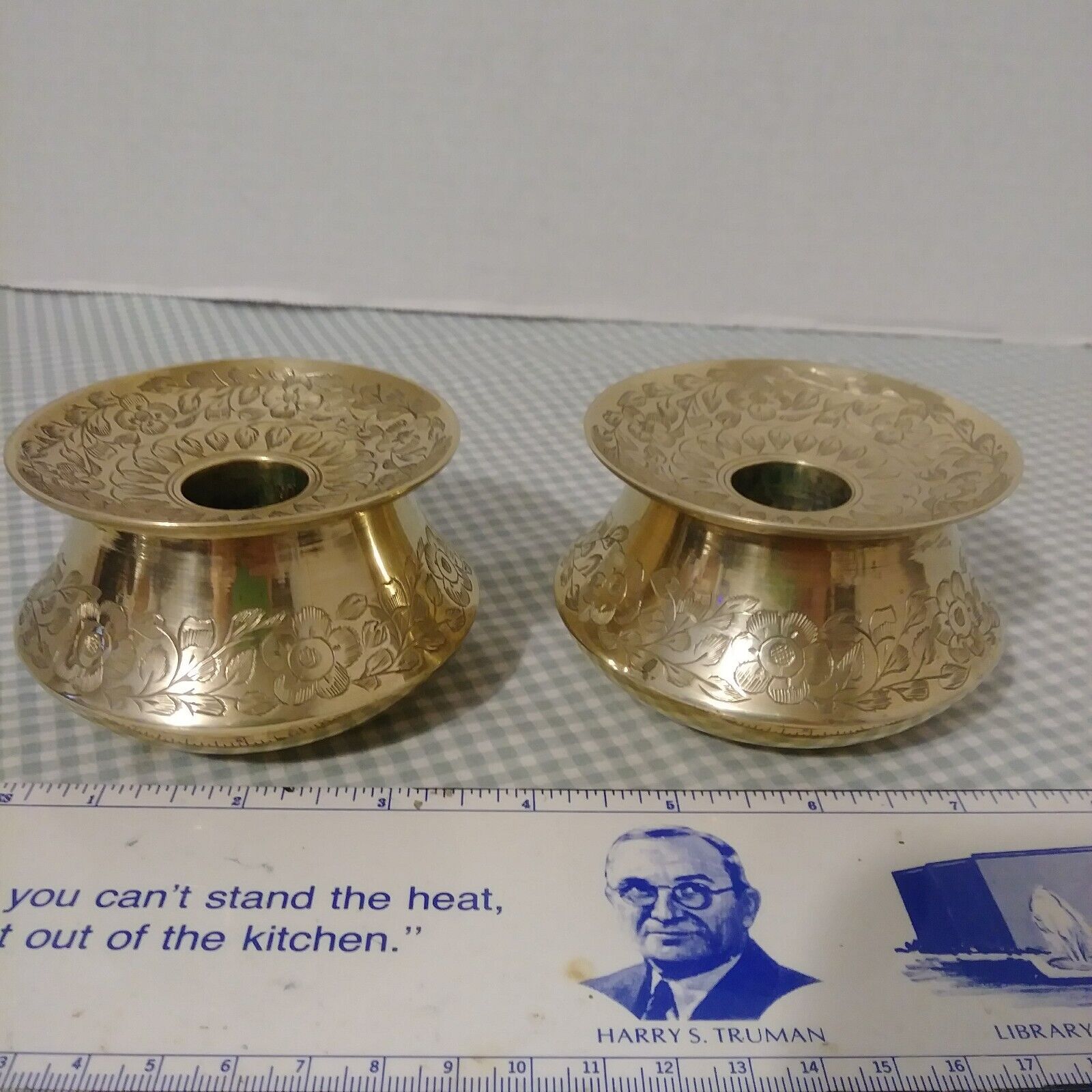 1 Pair Vintage Engraved Solid Brass Candle Stick Holders Signed G87 HH INDIA