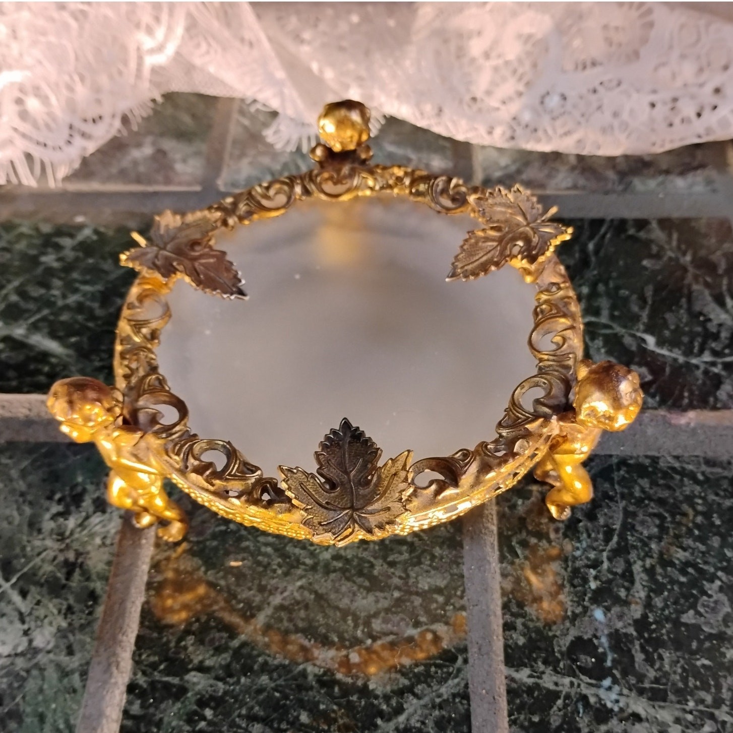 Cherub Putti Vintage Ormolu Frosted Glass Trinket Bowl Gold Leaf Rim Vanity Dish