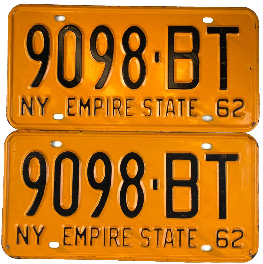 Vintage New York 1962 Auto License Plate Set Pair 9098-BT Garage Pub Wall Decor