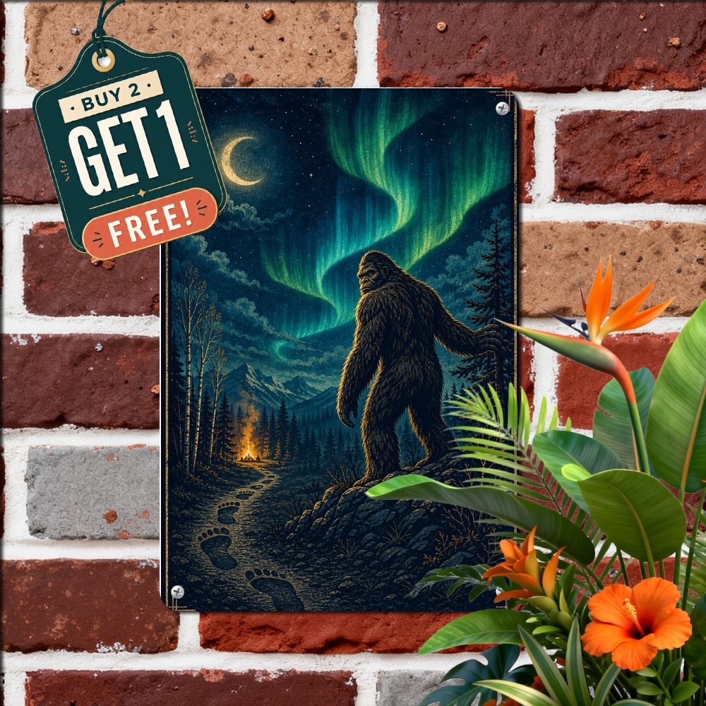 Bigfoot In Night Forest Poster Moonlit Silhouette Metal Tin Wall Sign Art
