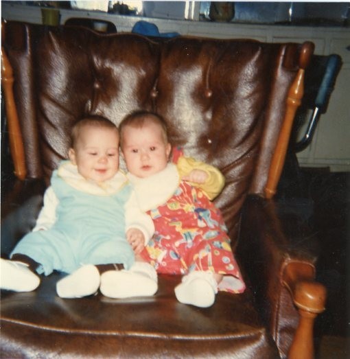 Vtg 1970s Found Photo Twin Babies Smiling on Chair Snapshot