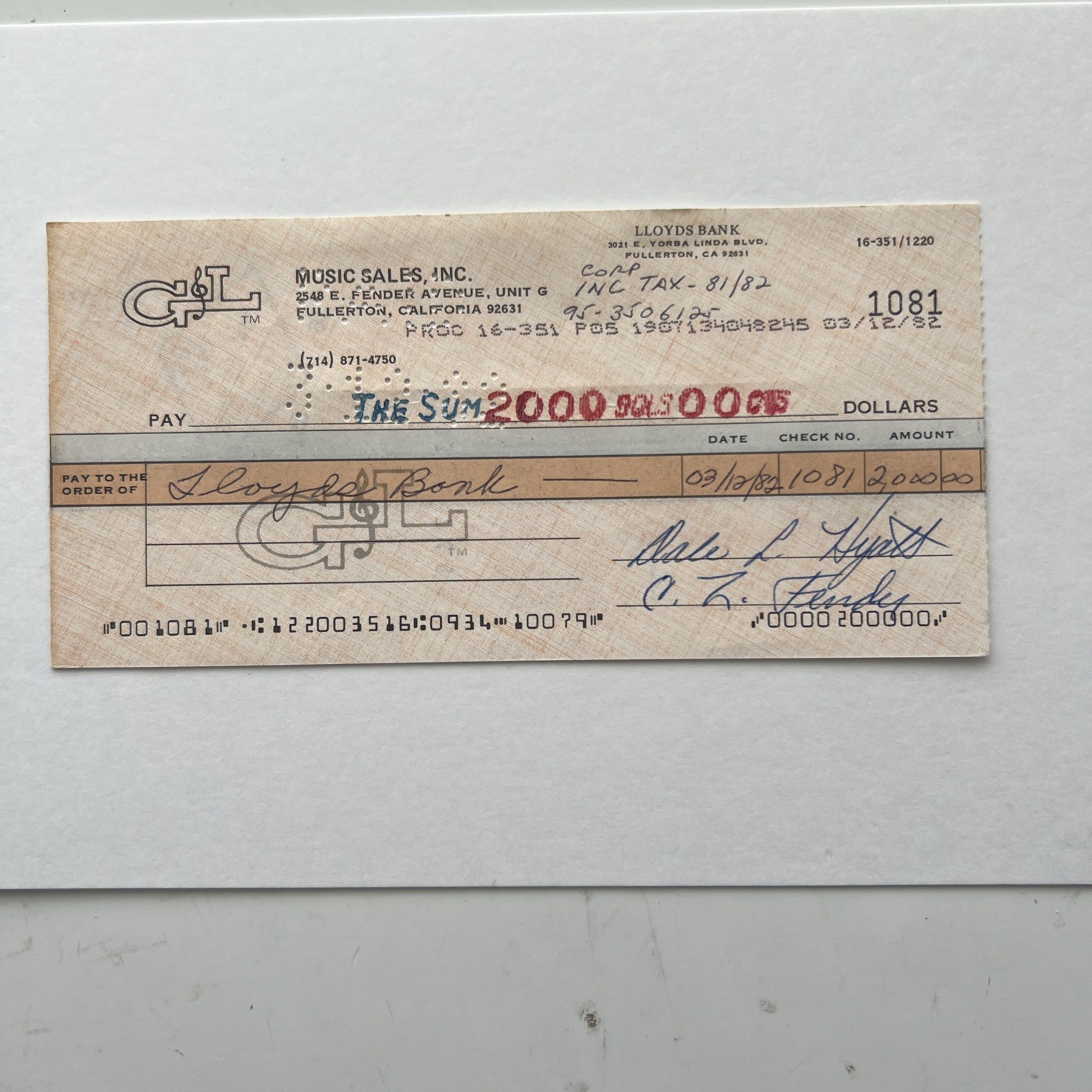 Leo C.L. Fender Signed Check Vintage 1982 G&L Music Sales Electric Guitar Hyatt