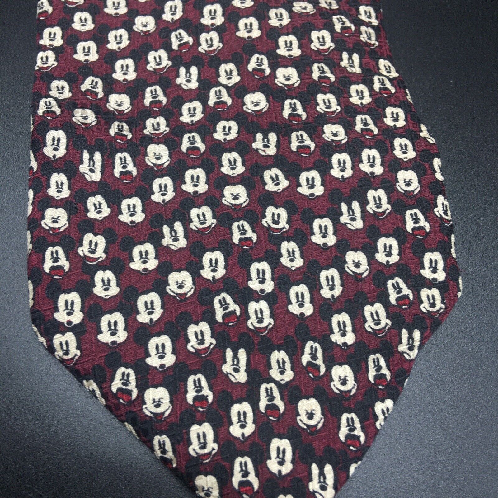 The Disney Store Mickey Mouse Thousand Faces Burgundy Neck Tie 4” 100% Silk