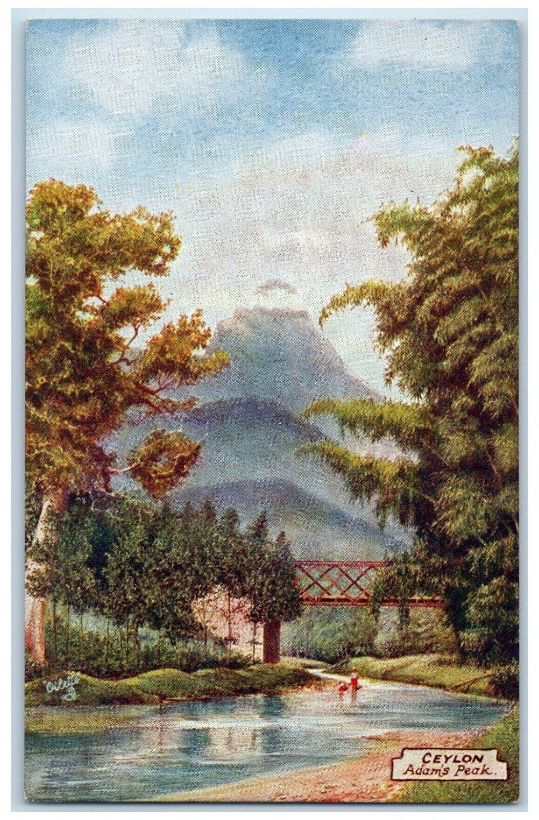 c1910 River & Mountain Scene, Ceylon Adam\'s Peak Oilette Art Tuck Postcard