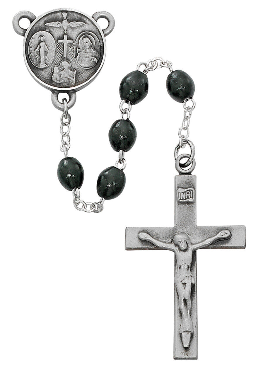 Catholic Christian Black Wood Bead Rosary Pewter Center And Crucifix 6mm Beads
