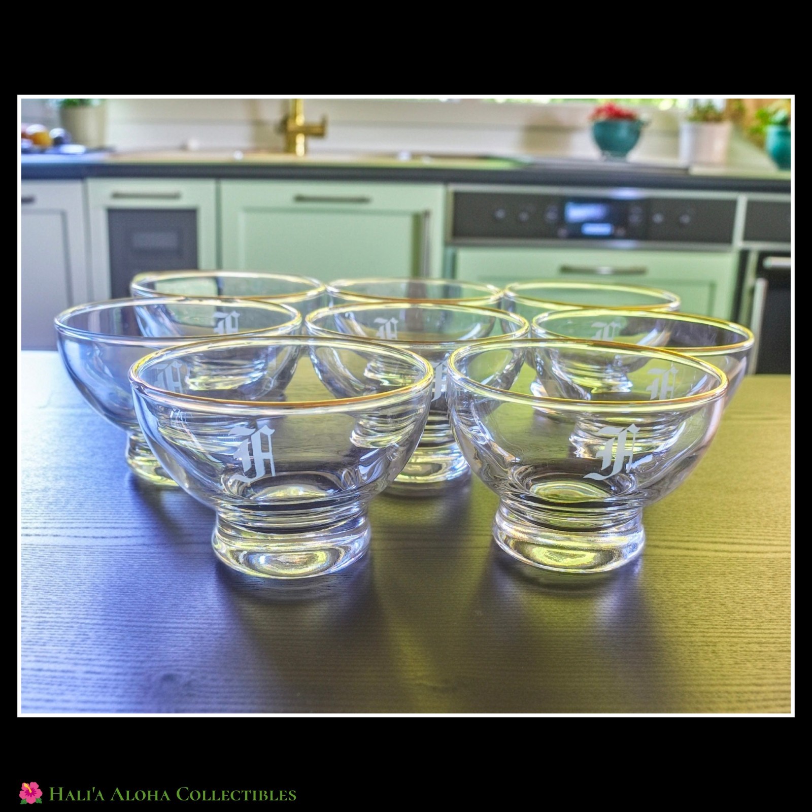Set 8 VINTAGE MCM Footed Gold Rim Etched Monogram 