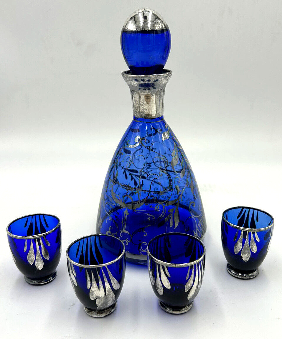 Vintage Cobalt Blue With Silver Overlay Decanter With Four Cups - Gondola Scene