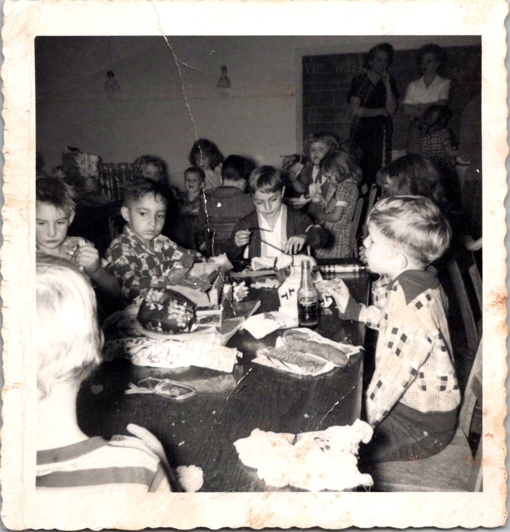 Schoolchildren at Classroom Holiday Party, 1950s Deckled Snapshot Photo