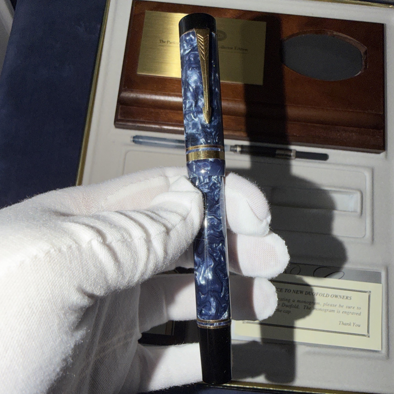 Parker Duofold Marble Blue,  Centennial F Nib, Collectors Desk Set, Mint