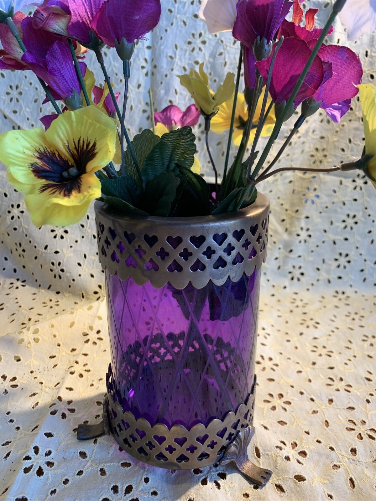 Vtg Purple Etched Glass Candleholder Vase~~Brass Crosses Hearts~Medieval~Gothic