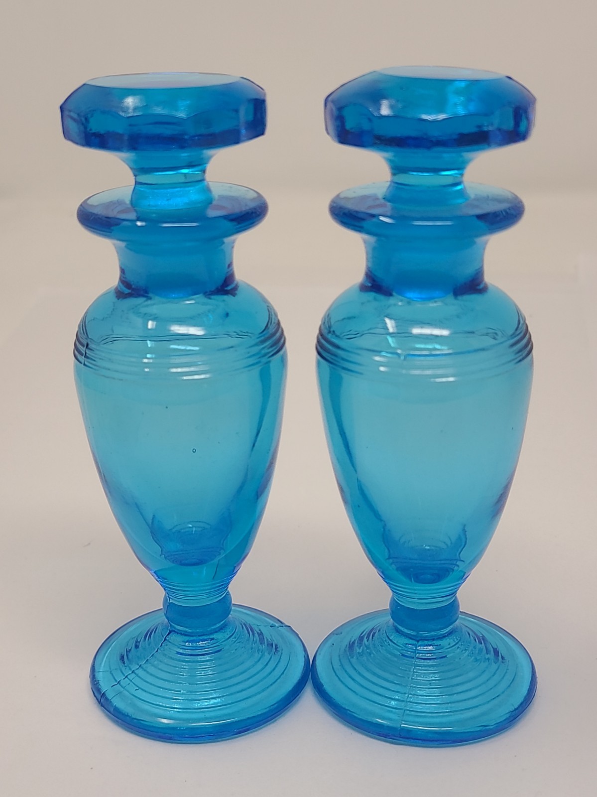 Vtg Paden City 1920s Blue Glass Perfume Bottle Pair Art Deco Vanity Dropper Set