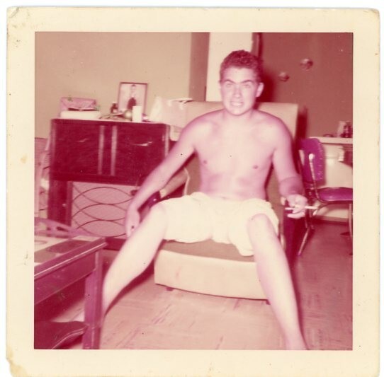 Vtg 1950s Found Photo 1956 Shirtless Man Guy Smoking Cigarette